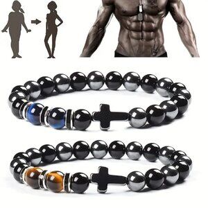 Cross Women Men Weight Loss Black Hematite Tiger Eye Health Protection Bracelet